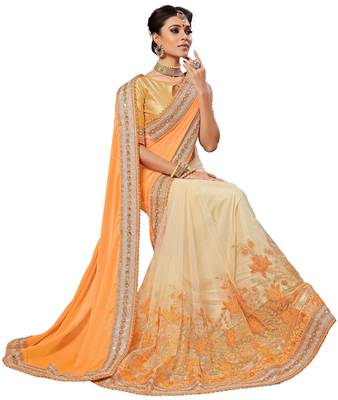 Yellow embroidered satin saree with blouse 3