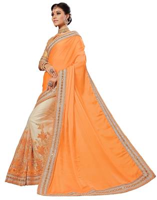 Yellow embroidered satin saree with blouse 4