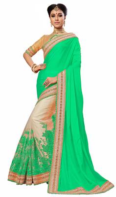 Green embroidered satin saree with blouse 1