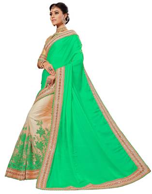 Green embroidered satin saree with blouse 3