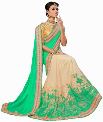 Green embroidered satin saree with blouse 4