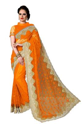 Orange embroidered net saree with blouse 1