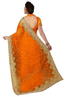 Orange embroidered net saree with blouse 2