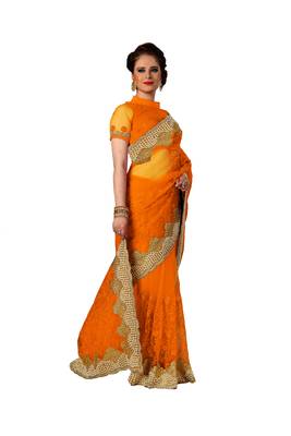 Orange embroidered net saree with blouse 3