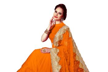 Orange embroidered net saree with blouse 4