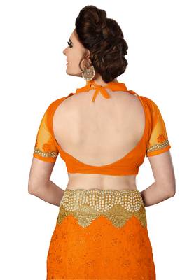 Orange embroidered net saree with blouse 5