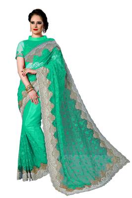 Green embroidered net saree with blouse 1