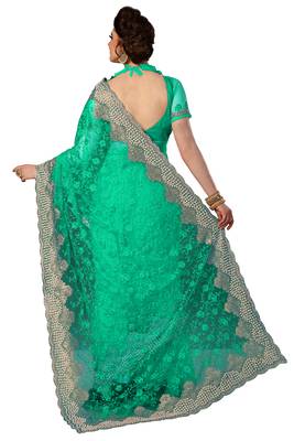 Green embroidered net saree with blouse 2
