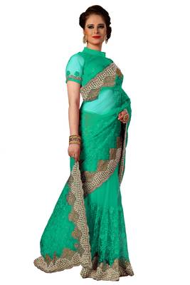 Green embroidered net saree with blouse 3