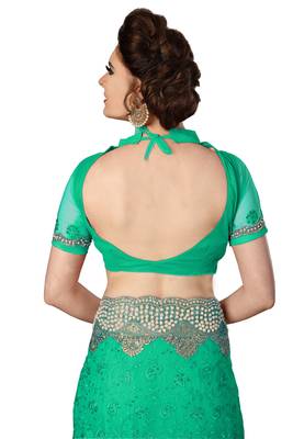 Green embroidered net saree with blouse 4