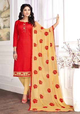 Red embroidered cotton salwar with dupatta 1