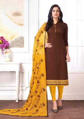 Brown embroidered cotton salwar with dupatta 1