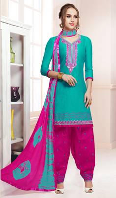 Turquoise embroidered pure cotton salwar with dupatta 1