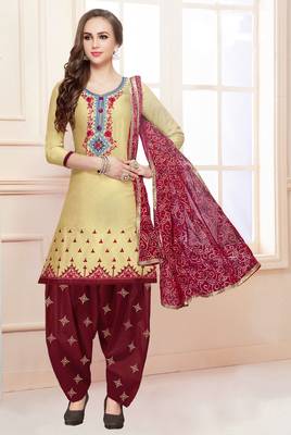 Beige embroidered pure cotton salwar with dupatta 1