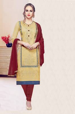 Beige embroidered cotton salwar with dupatta 1