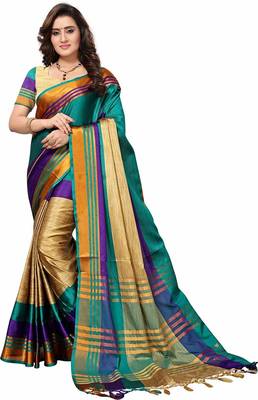 Blue printed cotton silk saree with blouse 1