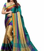 Blue printed cotton silk saree with blouse