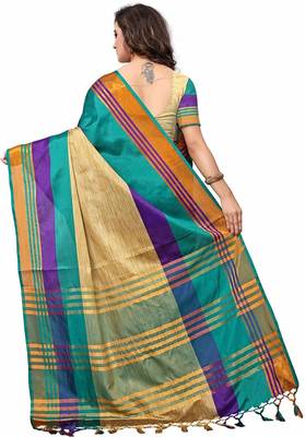 Blue printed cotton silk saree with blouse 2