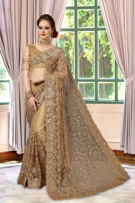 Trendmalls Trendmalls Beige Embroidery net Indian Wedding Or Party Saree With Blouse 2