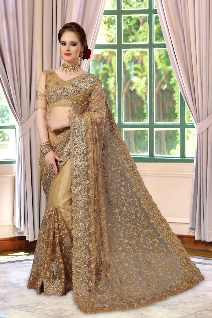 Trendmalls Beige Embroidery net Indian Wedding Or Party Saree With Blouse