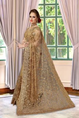 Trendmalls Trendmalls Beige Embroidery net Indian Wedding Or Party Saree With Blouse 3