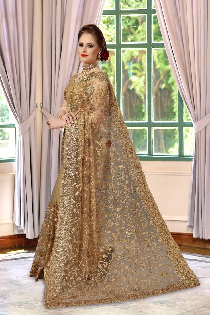Trendmalls Beige Embroidery net Indian Wedding Or Party Saree With Blouse