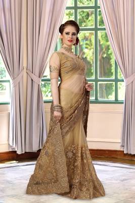 Trendmalls Trendmalls Beige Embroidery net Indian Wedding Or Party Saree With Blouse 4