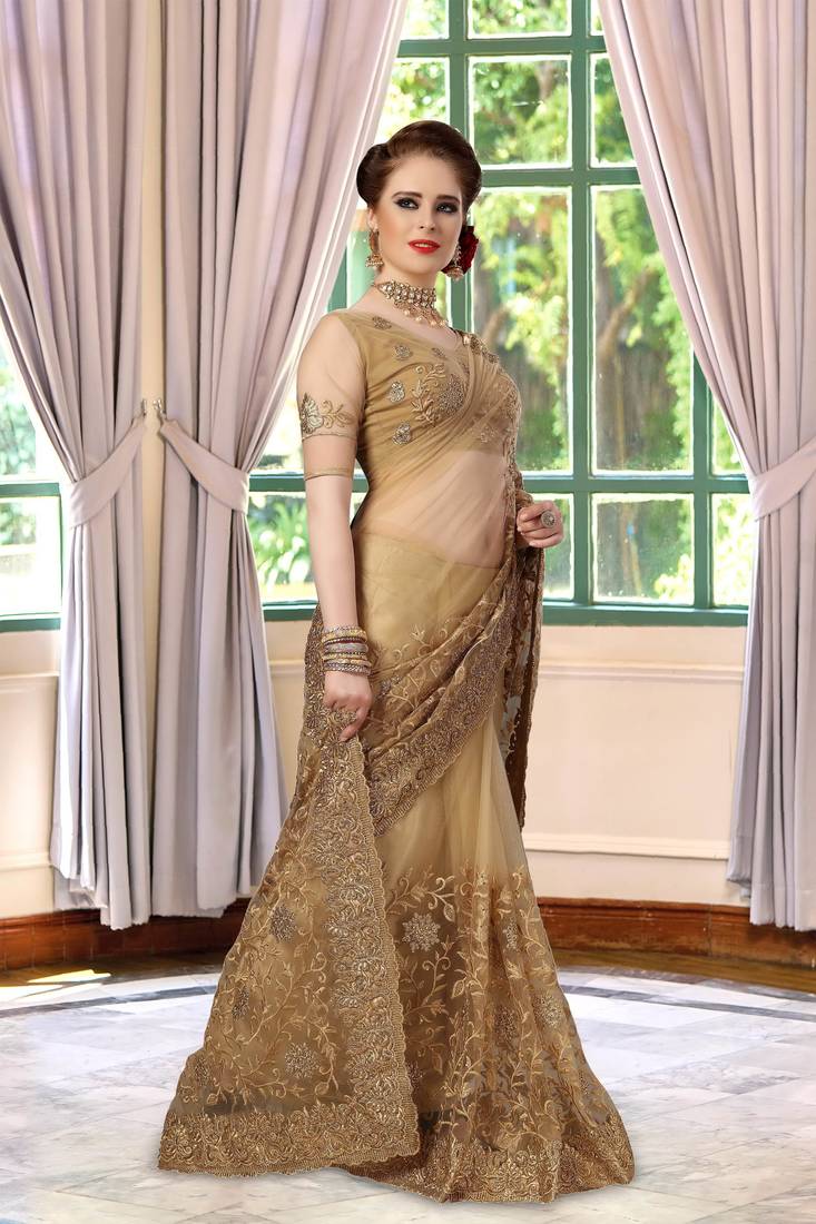 Trendmalls Beige Embroidery net Indian Wedding Or Party Saree With Blouse