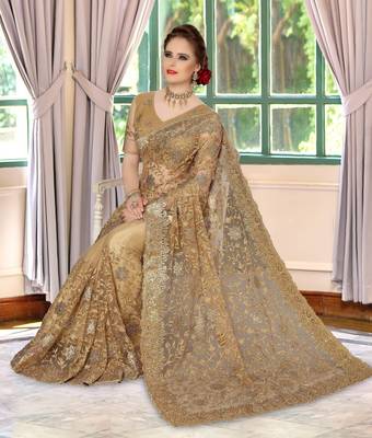 Trendmalls Trendmalls Beige Embroidery net Indian Wedding Or Party Saree With Blouse 1