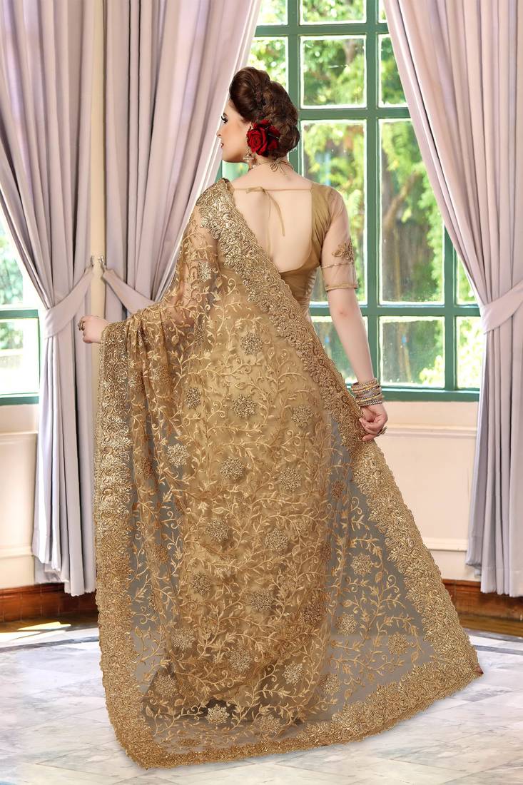 Trendmalls Beige Embroidery net Indian Wedding Or Party Saree With Blouse