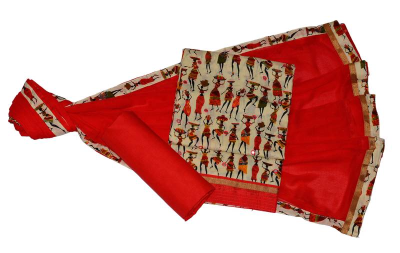 white christmas dresses Blue Warli Printed Crepe Saree With Zari Border main image 1