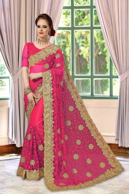 Trendmalls Pink embroidered net Party Wear Saree With Blouse 1