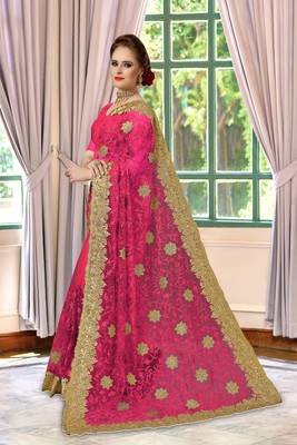 Trendmalls Pink embroidered net Party Wear Saree With Blouse 2