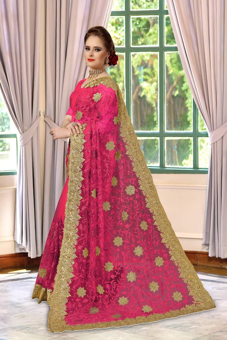 Trendmalls Trendmalls Pink embroidered net Party Wear Saree With Blouse