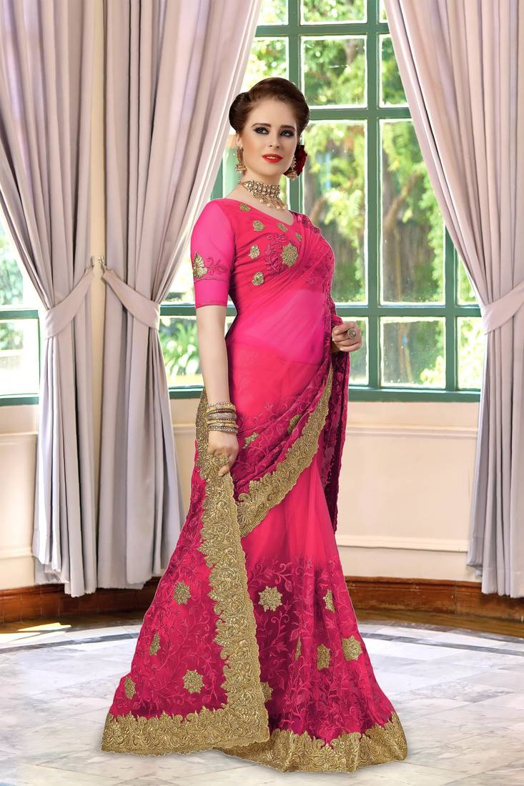 Trendmalls Trendmalls Pink embroidered net Party Wear Saree With Blouse