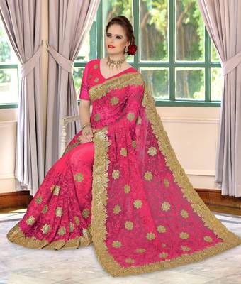 Trendmalls Pink embroidered net Party Wear Saree With Blouse 4