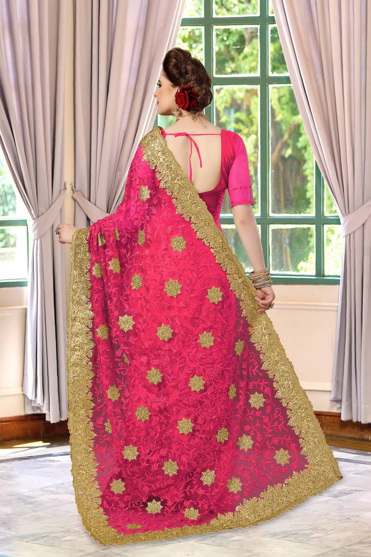 Trendmalls Trendmalls Pink embroidered net Party Wear Saree With Blouse