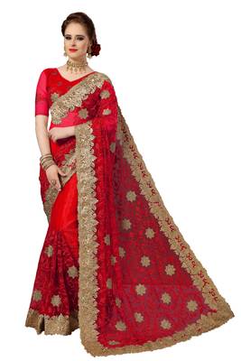 Trendmalls Red Embroidery net Indian Wedding Or Party Saree With Blouse 1