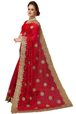 Trendmalls Red Embroidery net Indian Wedding Or Party Saree With Blouse 3