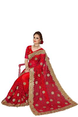 Trendmalls Red Embroidery net Indian Wedding Or Party Saree With Blouse 5