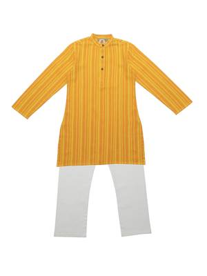 Orange And Yellow Ethnic Wear Kids Cotton Kurta Pyjama Set For Boys 1
