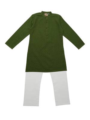 Green Ethnic Wear Kids Cotton Kurta Pyjama Set For Boys 1