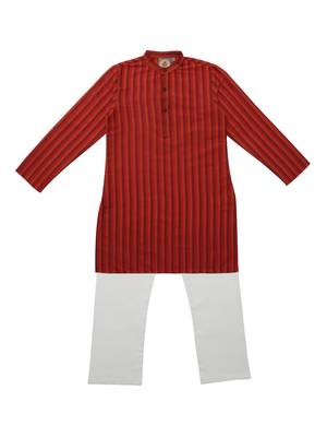 Red And Rust Ethnic Wear Kids Cotton Kurta Pyjama Set For Boys 1