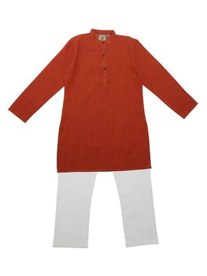 Orange Ethnic Wear Kids Cotton Kurta Pyjama Set For Boys 1