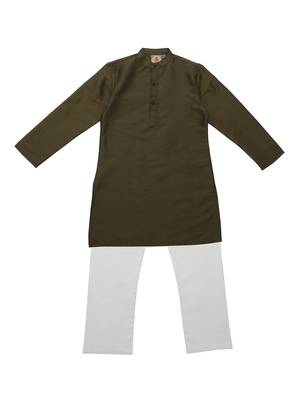 Green And Gold Ethnic Wear Kids Cotton Kurta Pyjama Set For Boys 1