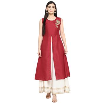 Red Polyester Plain Stitched Kurti 2