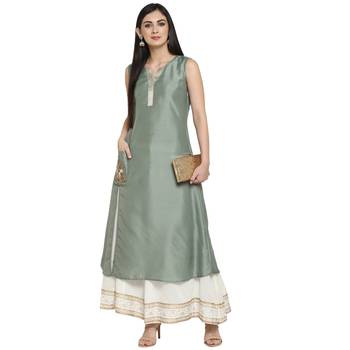 Green Polyester Plain Stitched Kurti 1
