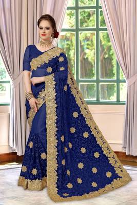 Trendmalls Blue Embroidery net Indian Wedding Or Party Saree With Blouse 1