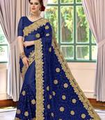 Trendmalls Blue Embroidery net Indian Wedding Or Party Saree With Blouse