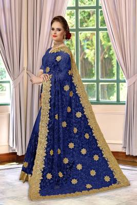Trendmalls Blue Embroidery net Indian Wedding Or Party Saree With Blouse 2
